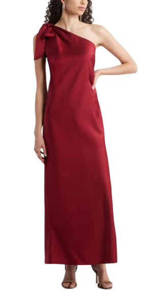 Bow One-Shoulder Maxi Dress in Red Grape