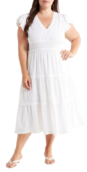 Flutter Sleeve Clip Dot Tiered Midi Dress in White by Chelsea28