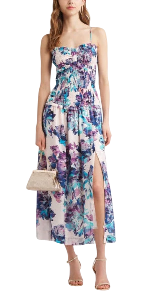 Smocked Drop Waist Midi Dress in Ivory- Blue Floral by Chelsea28