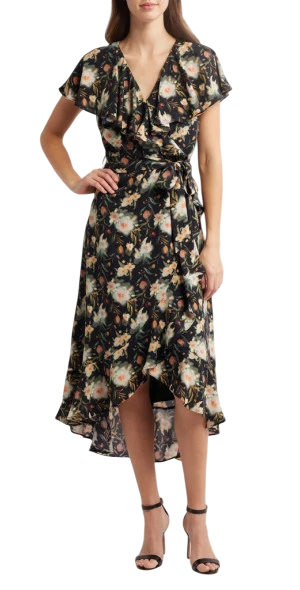 Tie Belt Midi Dress in Black Multi Floral